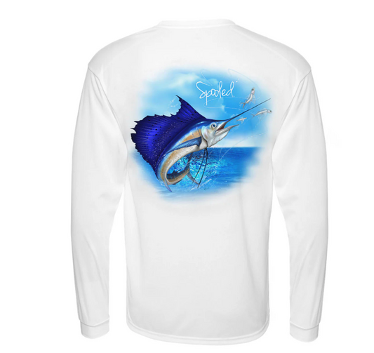 Performance Long Sleeve White with Spooled Sailfish SPF-30