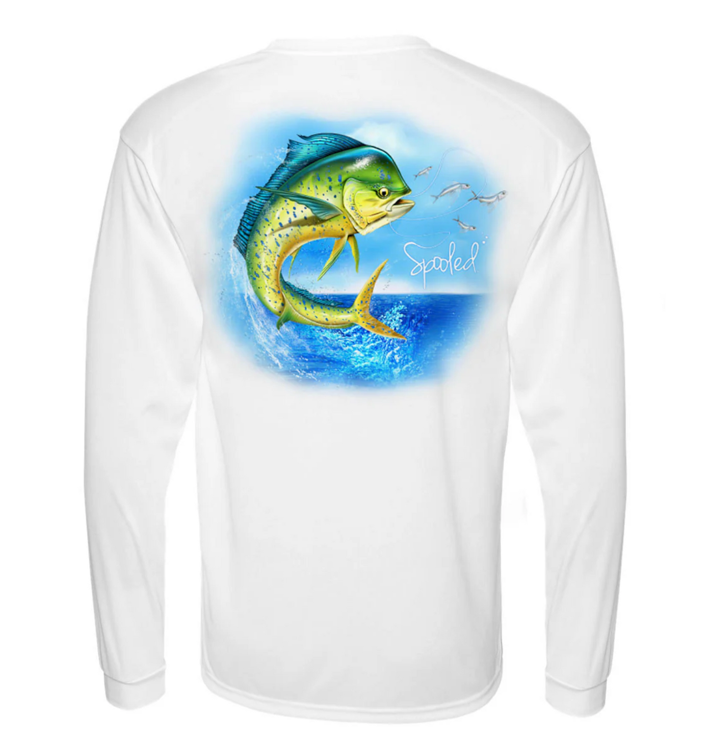 Performance Long Sleeve White with Spooled Dolphin SPF-30