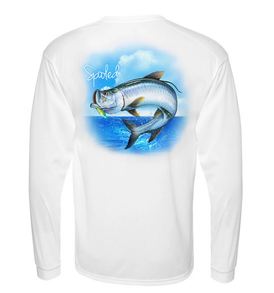 Performance Long Sleeve White with Spooled Tarpon SPF-30