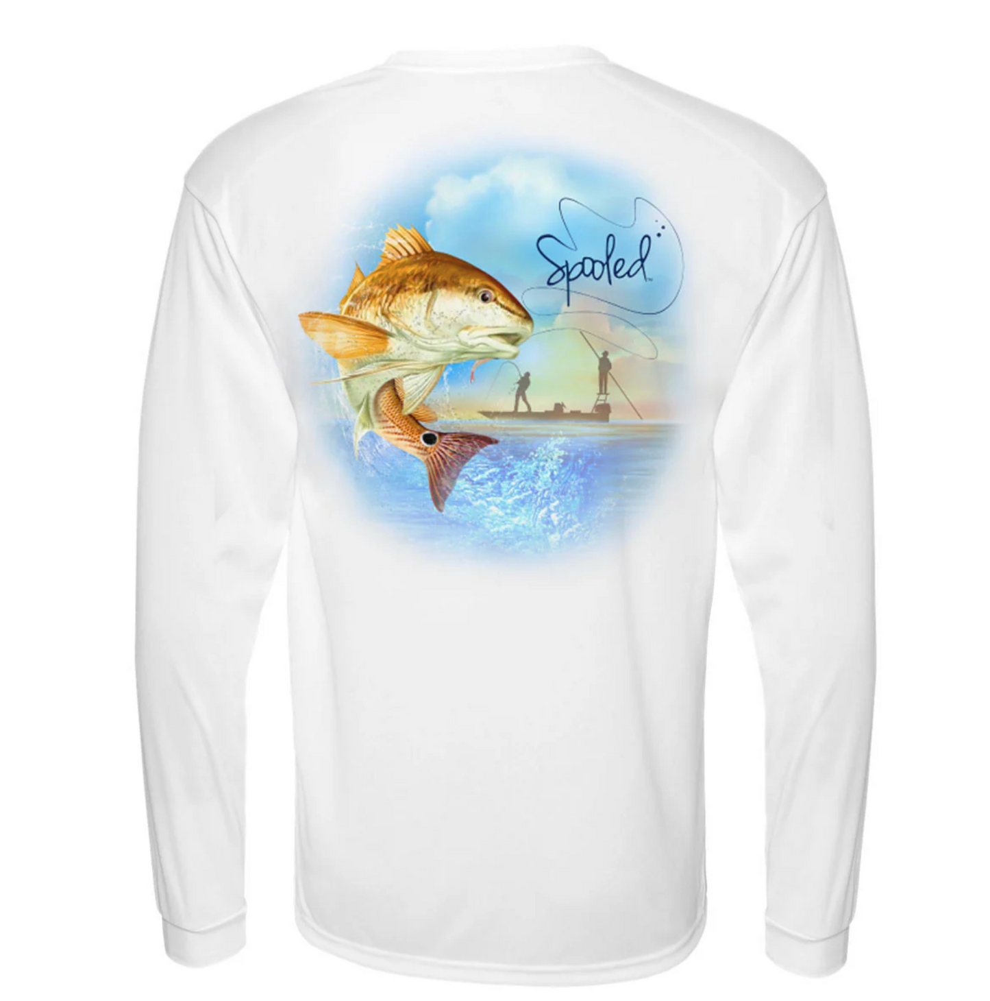 Performance Long Sleeve White with Spooled Redfish SPF-30