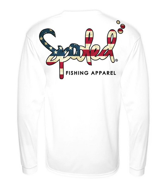 Performance Long Sleeve White with Spooled American Flag Logo SPF-30