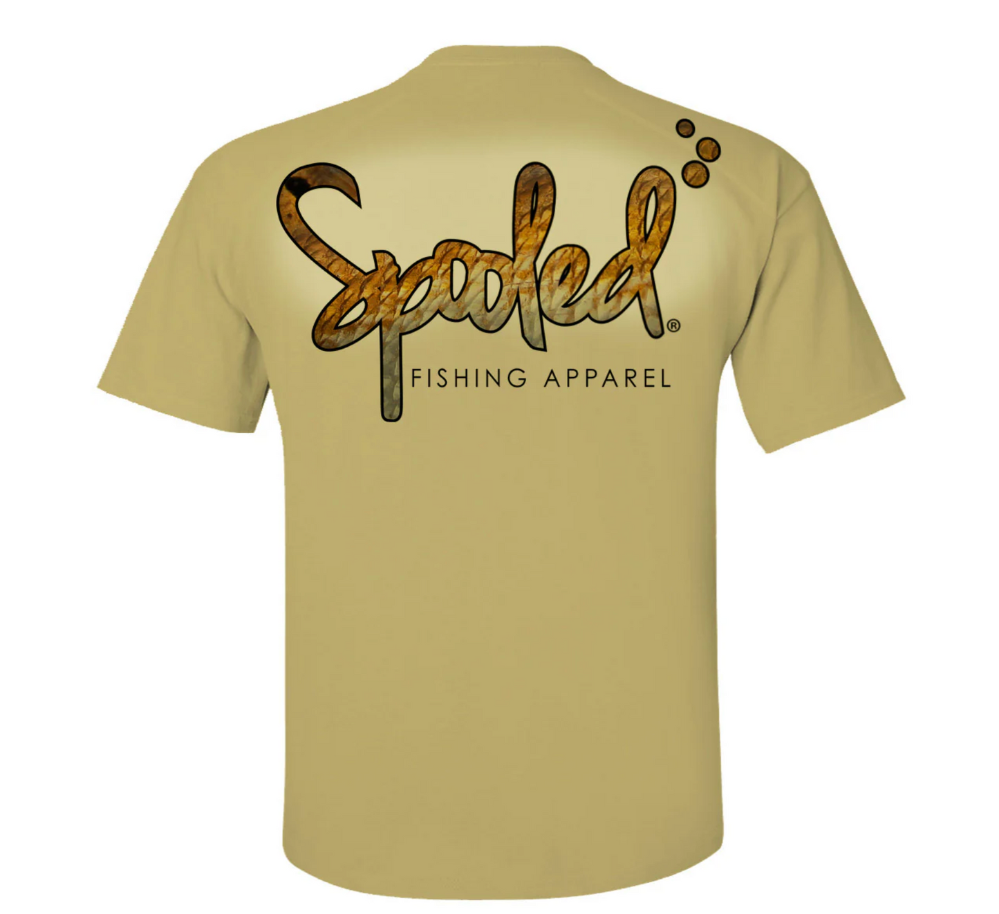 Performance Short Sleeve Tan with Spooled Redfish Skin Logo SPF-30